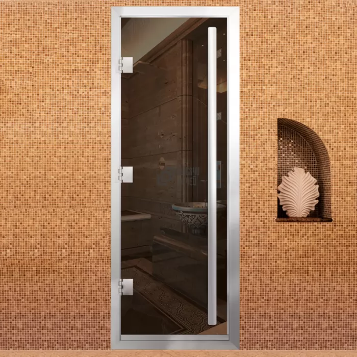 Фотография Дверь для бани Премьер Al, стекло 8мм, бронза прозрач., 3 петли Лев., ВР-комби, алюминий 1900х700 (АРТА)