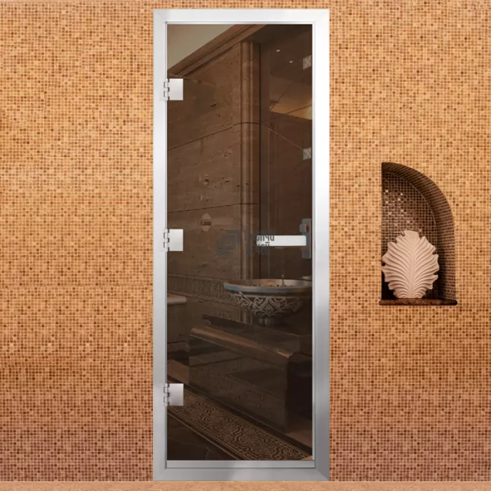 Фотография Дверь для бани Престиж Al, стекло 8мм, бронза, 3 петли R, ГР-комби, алюминий 2000х800 (АРТА)