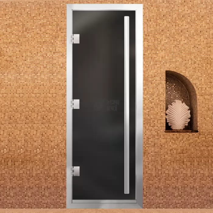 Фотография Дверь для бани Премьер Al, стекло 8мм, графит Matelux, 3 петли L, ВР-комби, алюминий 1900х700 (АРТА)
