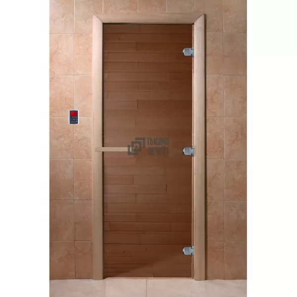 Дверь для бани Эконом Бронза прозрачная Тёплый День 1800х700, 8 мм, 3 петли, хвоя (DoorWood)