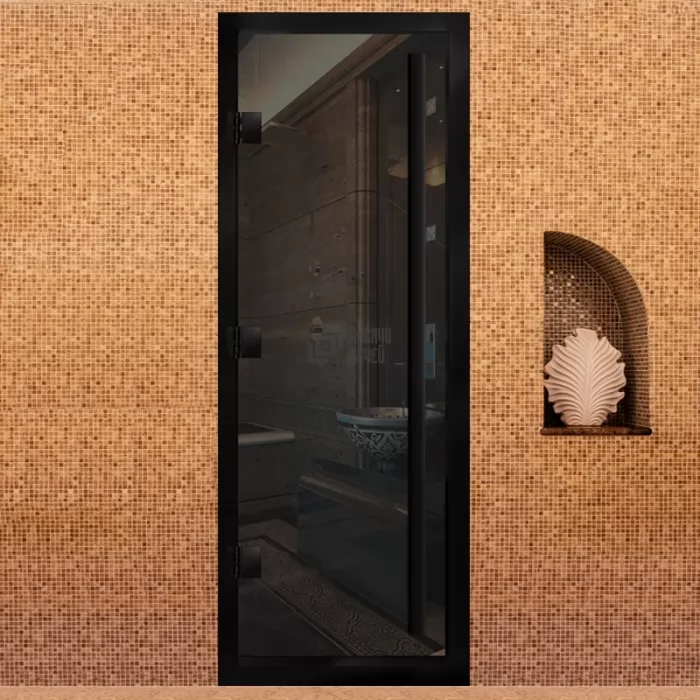 Изображение Дверь для бани Премьер Al Black, стекло 8мм, графит прозрач., 3 петли Лев., ВР-комби, алюминий 1900х800 (АРТА)