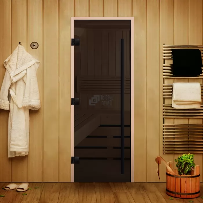 Изображение Дверь для бани Статус Black, стекло 8мм, графит прозрач., 3 петли Лев., ВР, термолипа 1900х700 (АРТА)