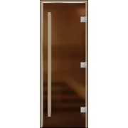 Дверь для бани стеклянная 8мм Статус, прозрачная бронза, 3 петли, коробка осина 1900х700, Петли СЛЕВА, Ручка комбинированная (Алюминий + Осина), (АРТА) РАСПРОДАЖА