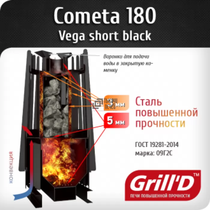 Печь для бани COMETA VEGA 180 Short Pro (AISI 439 4 мм) (Grill’D) 10 - 24 м3 - фото товара