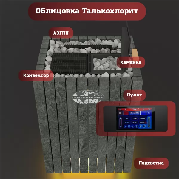 Электрическая паротермальная печь ПАР и ЖАР Футурус 12 кВт, 380В, талькохлорит Антик, пульт в комплекте (Инжкомцентр ВВД) до 15 м3