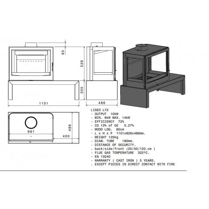 Фотография Печь-камин LCI 7 GFLR Table (два боковых стекла) (Liseo Castiron) 14 кВт