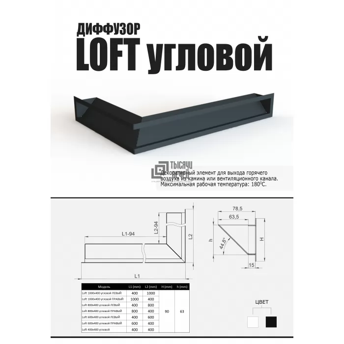 Изображение Вентиляционная решётка-диффузор LOFT 1000х400 угловая левая, чёрная (Компакт)
