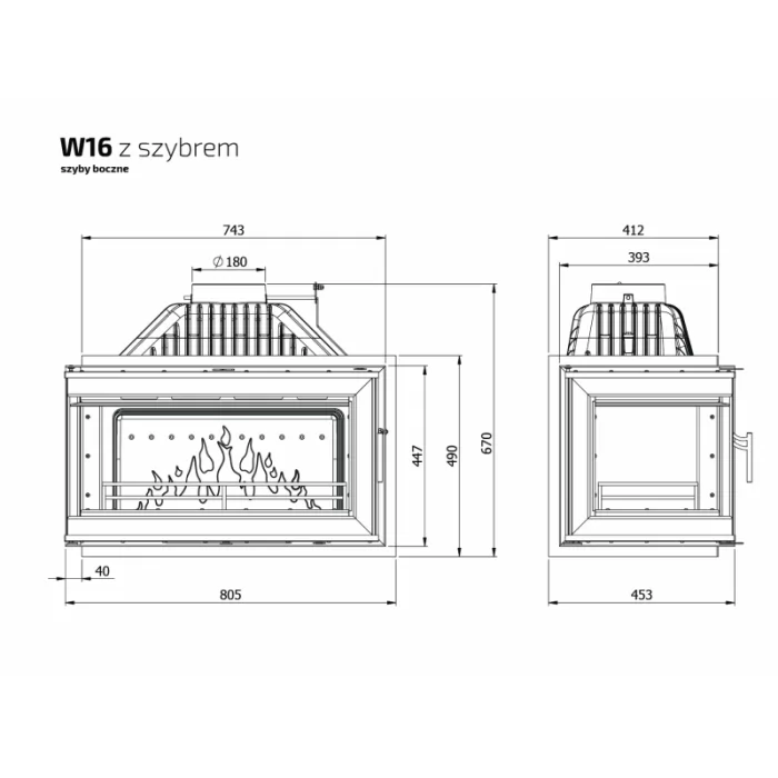 Чугунная топка W16 LB, с левым стеклом (KAWMET) 14,7 кВт - фото товара