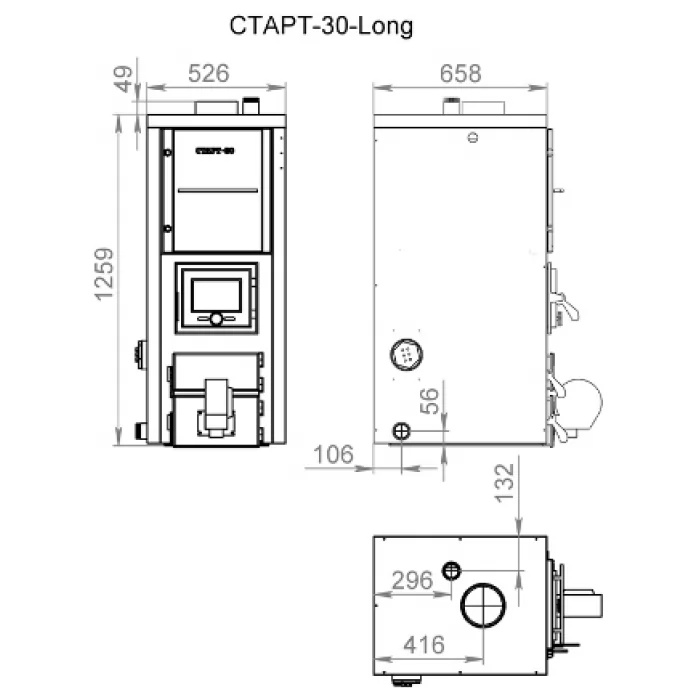 Фотография Полуавтоматический твердотопливный котел СТАРТ-30-Long, левый (Start) 30 кВт ОТКЛ